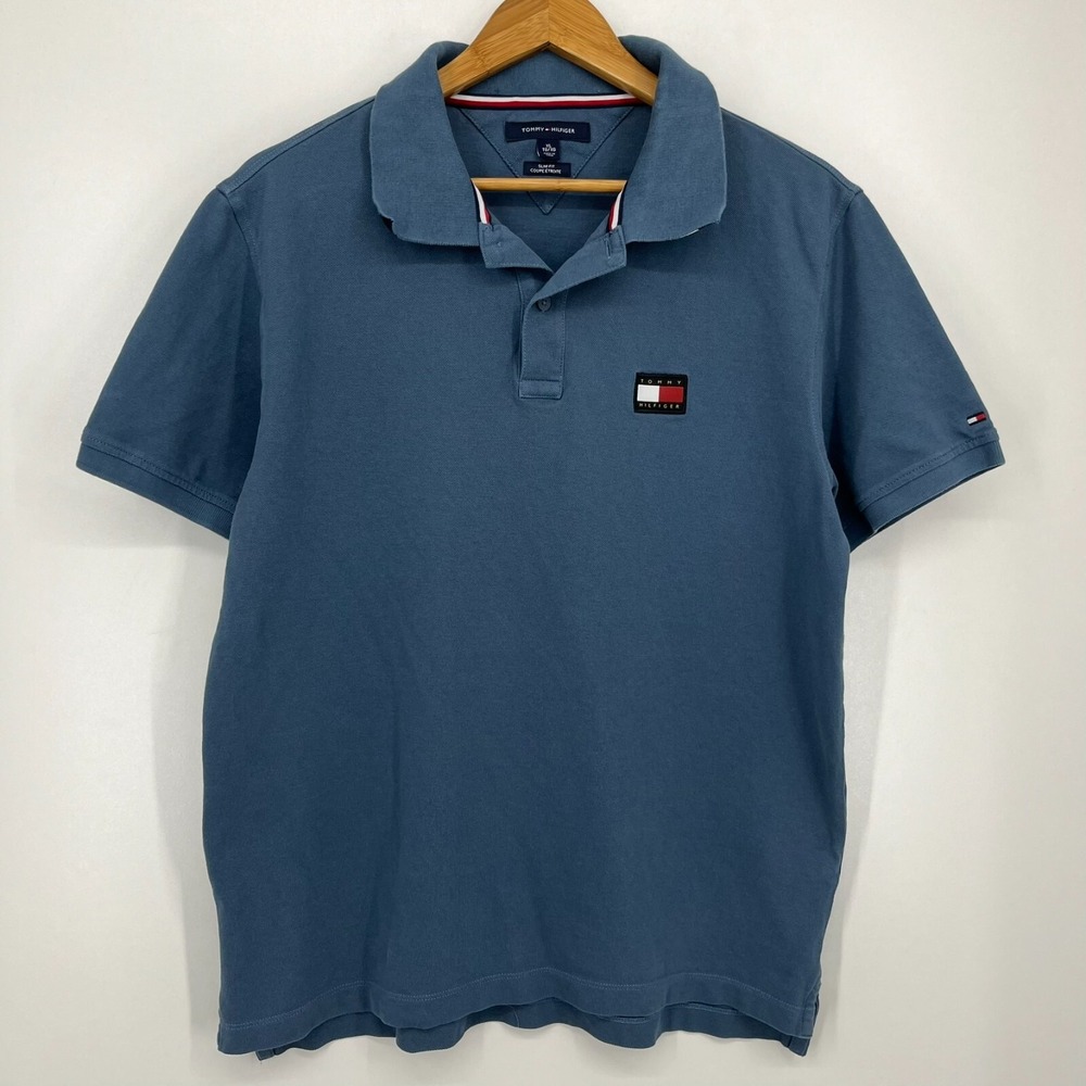Tommy Hilfiger Mens Slim Fit Pique Polo Shirt Blue Logo Patch XL